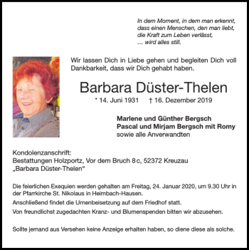 Traueranzeigen von Barbara Düster-Thelen | Aachen gedenkt