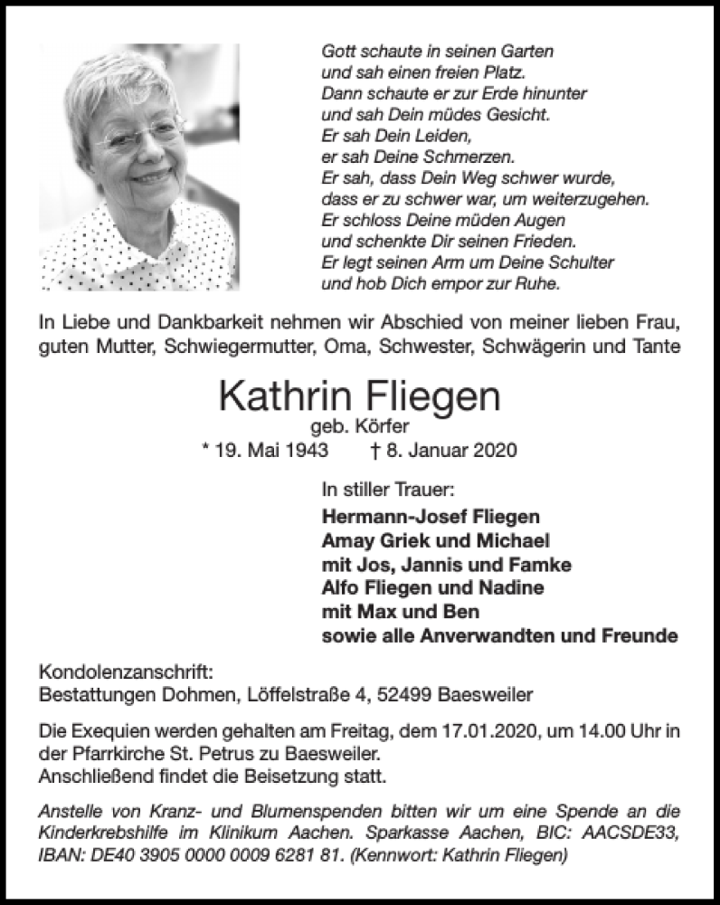 Traueranzeigen von Kathrin Fliegen | Aachen gedenkt