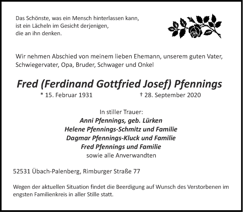  Traueranzeige für Fred  Pfennings vom 02.10.2020 aus Aachener Zeitung / Aachener Nachrichten