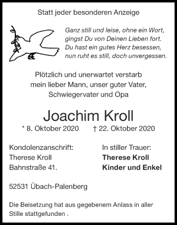 Traueranzeige von Joachim Kroll von Zeitung am Sonntag