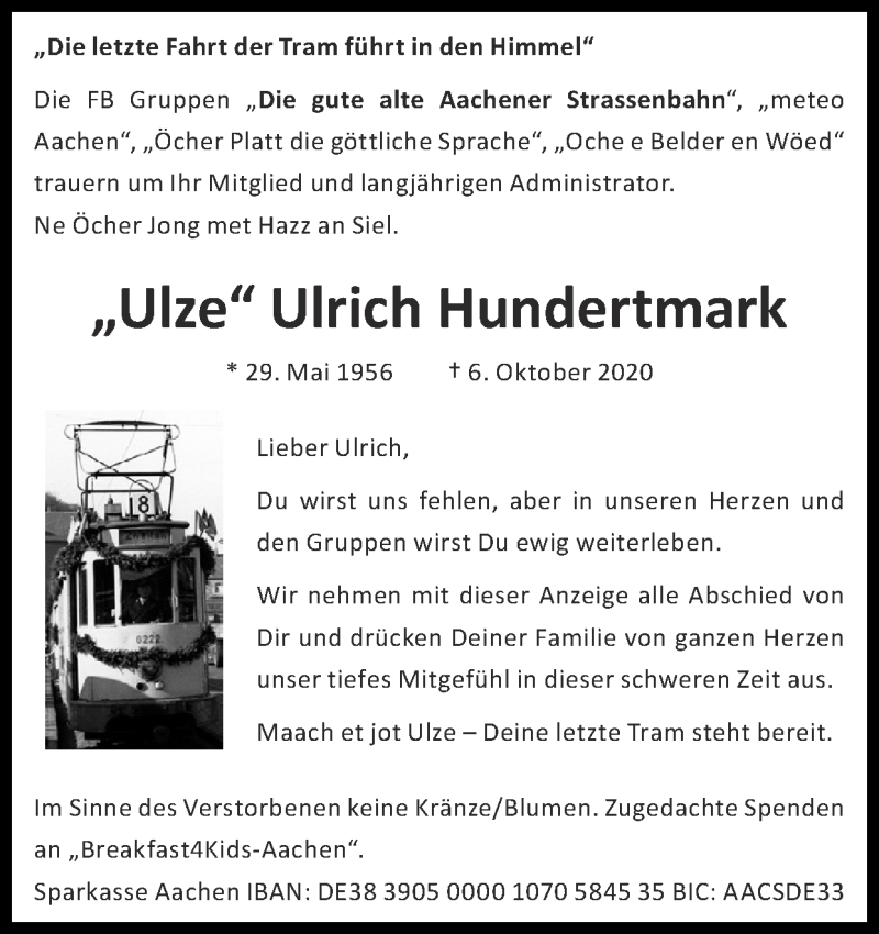  Traueranzeige für Ulrich Hundertmark vom 18.10.2020 aus Zeitung am Sonntag