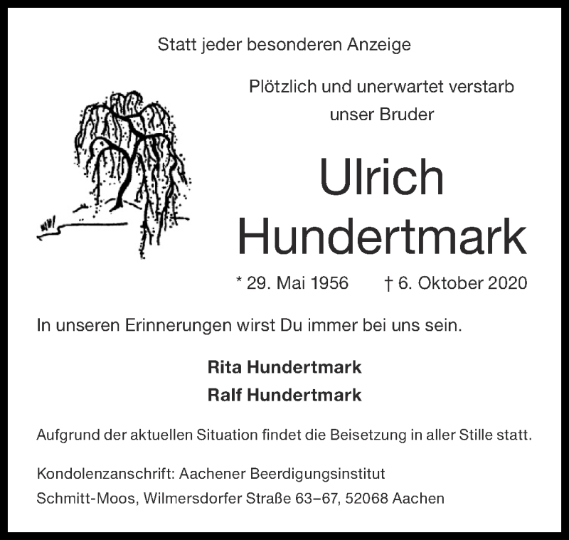  Traueranzeige für Ulrich Hundertmark vom 11.10.2020 aus Zeitung am Sonntag