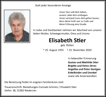 Traueranzeigen von Elisabeth Stier | Aachen gedenkt