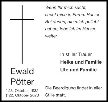 Traueranzeige von Ewald Pötter von Zeitung am Sonntag