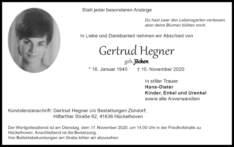  Traueranzeige für Gertrud Hegner vom 15.11.2020 aus Zeitung am Sonntag