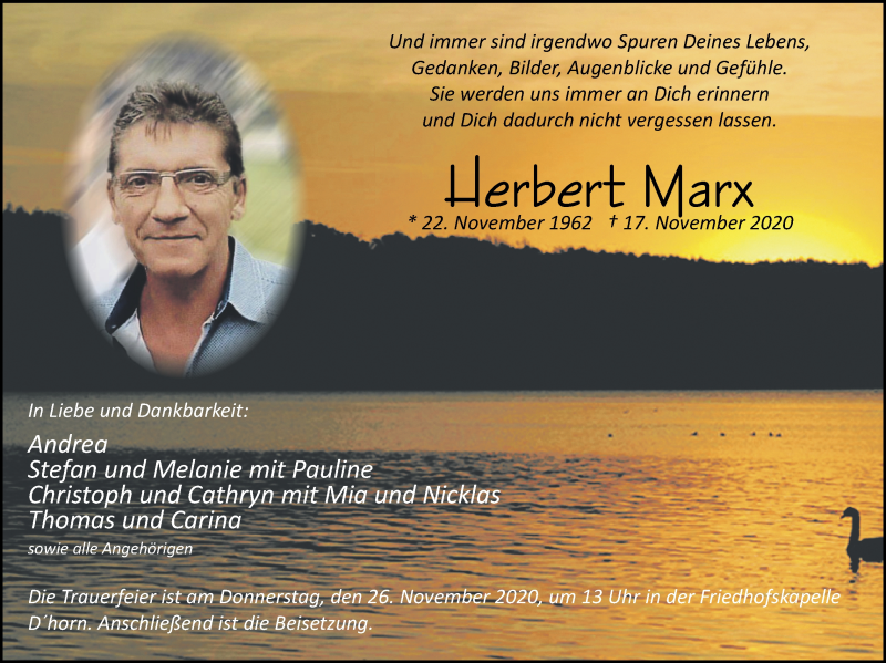  Traueranzeige für Herbert Marx vom 22.11.2020 aus Zeitung am Sonntag