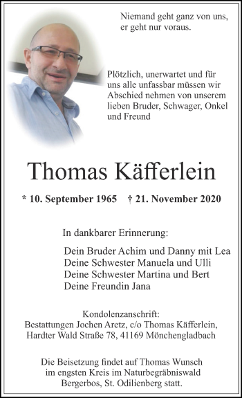 Traueranzeige von Thomas Käfferlein von Zeitung am Sonntag