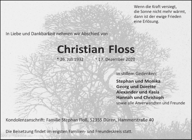 Traueranzeigen Von Christian Floss Aachen Gedenkt