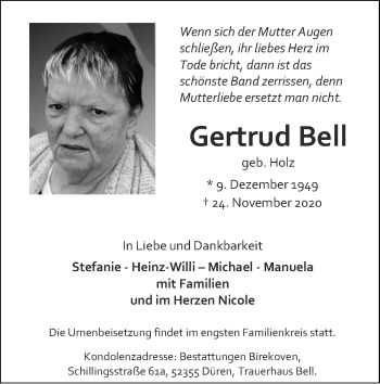 Traueranzeigen Von Gertrud Bell | Aachen Gedenkt