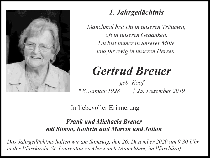 Traueranzeigen von Gertrud Breuer | Aachen gedenkt