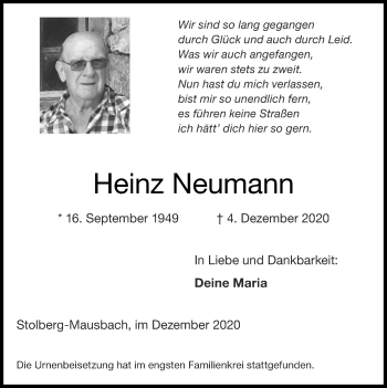 Traueranzeige von Heinz Neumann von Zeitung am Sonntag