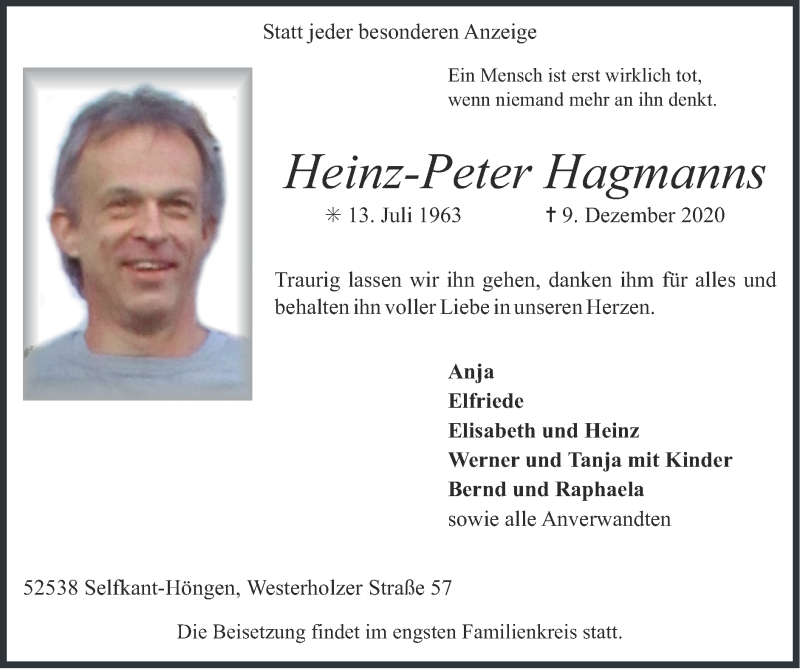  Traueranzeige für Heinz-Peter Hagmanns vom 13.12.2020 aus Zeitung am Sonntag