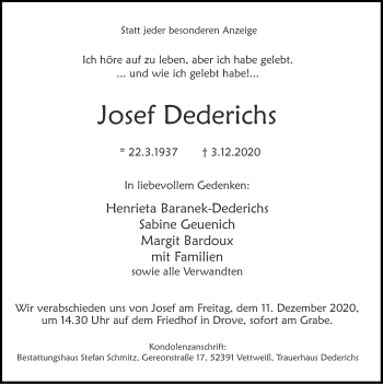 Traueranzeige von Josef Dederichs von Zeitung am Sonntag