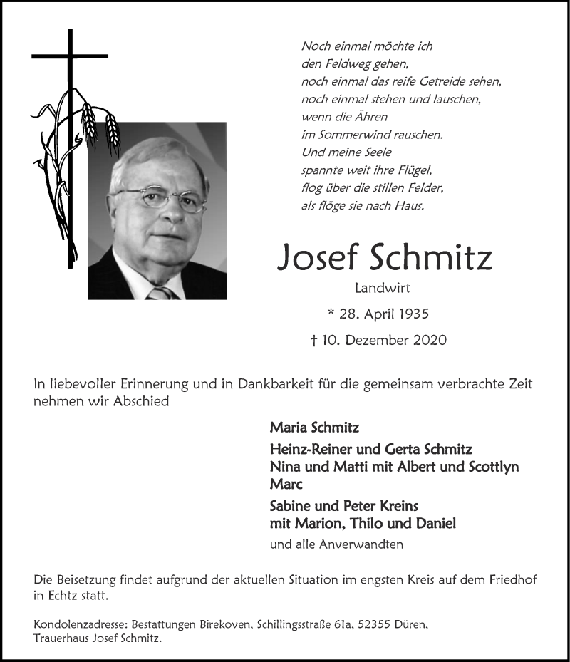 Traueranzeigen von Josef Schmitz | Aachen gedenkt