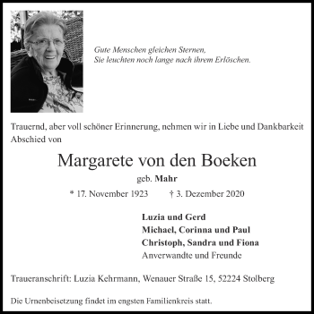 Traueranzeige von Margarete von den Boeken von Zeitung am Sonntag