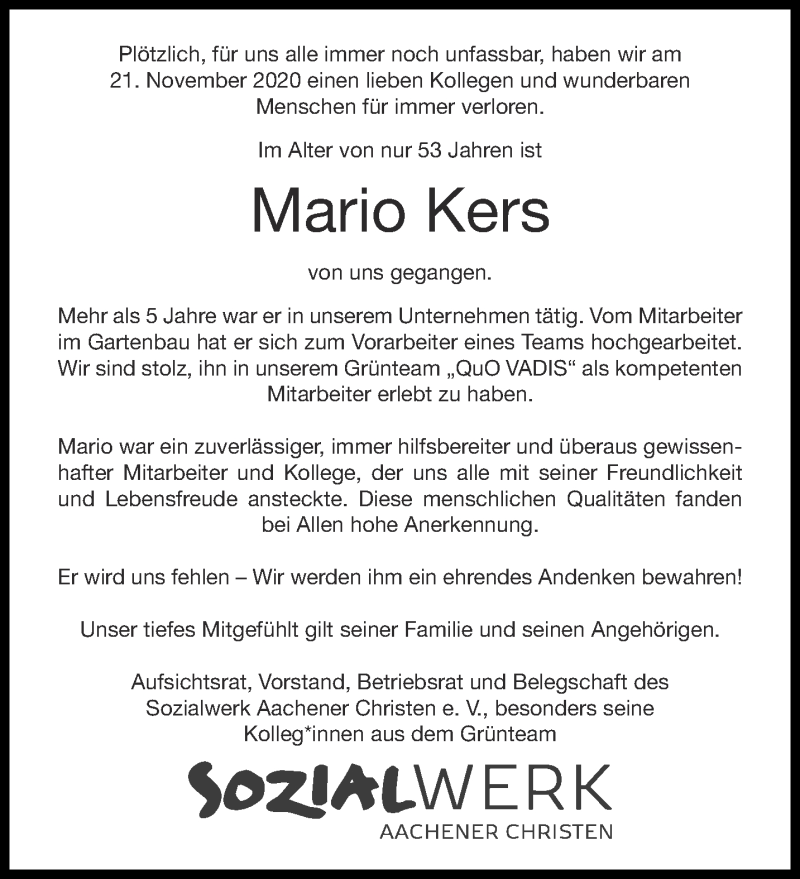  Traueranzeige für Mario Kers vom 05.12.2020 aus Aachener Zeitung / Aachener Nachrichten