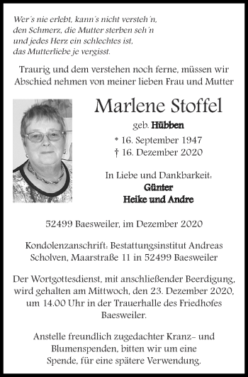 Traueranzeigen von Marlene Stoffel | Aachen gedenkt