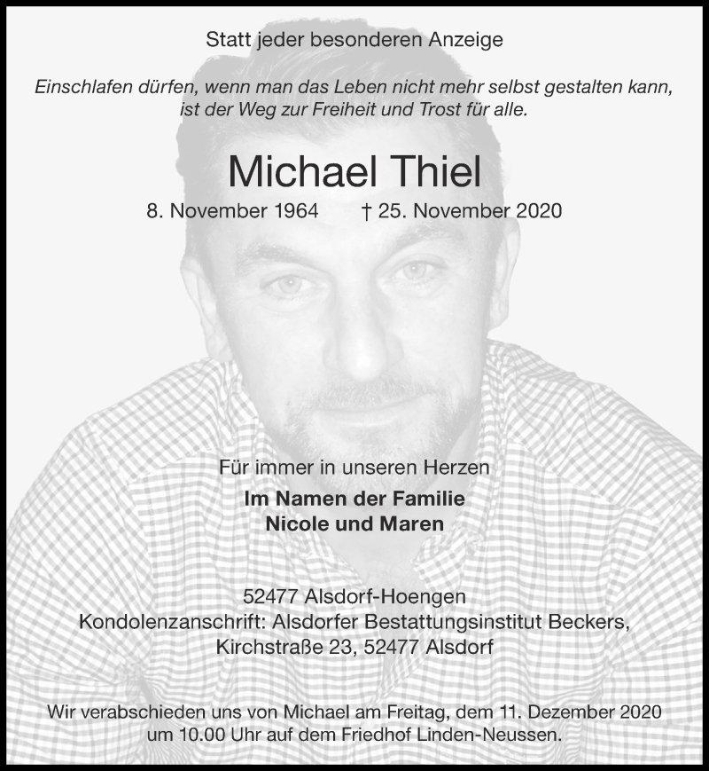  Traueranzeige für Michael Thiel vom 06.12.2020 aus Zeitung am Sonntag