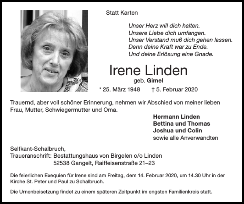 Traueranzeigen von Irene Linden | Aachen gedenkt