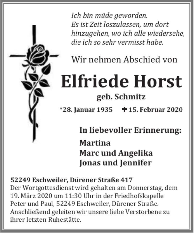 Traueranzeigen Von Elfriede Horst Aachen Gedenkt