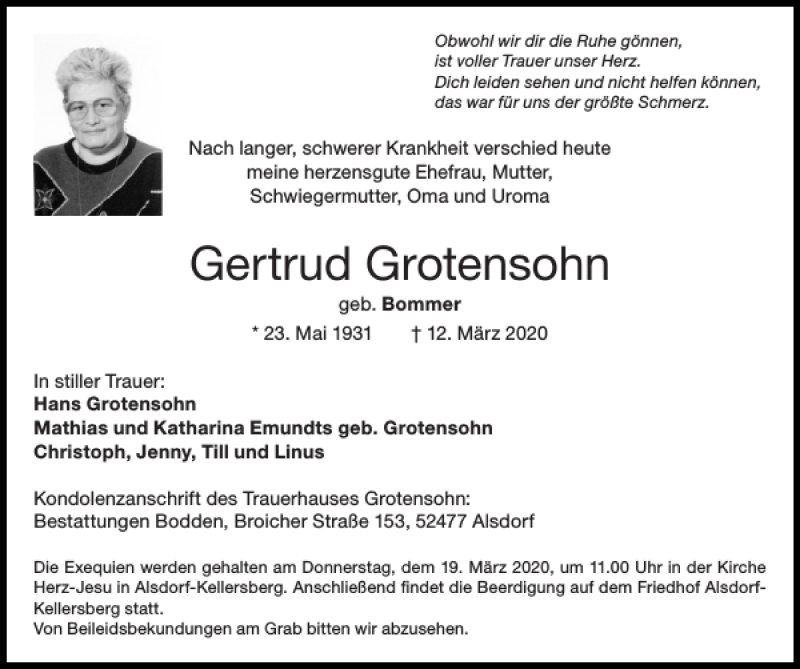 Traueranzeigen von Gertrud Grotensohn | Aachen gedenkt