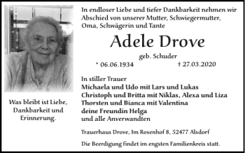 Traueranzeige von Adele Drove von Super Sonntag / Super Mittwoch