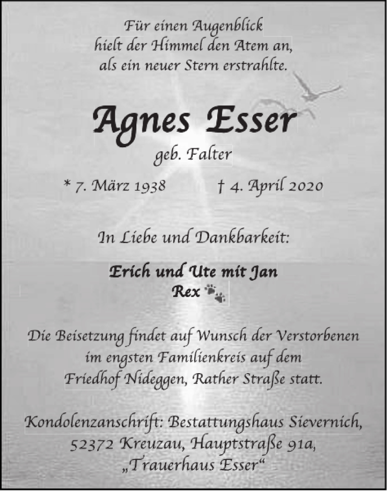 Traueranzeigen von Agnes Esser | Aachen gedenkt