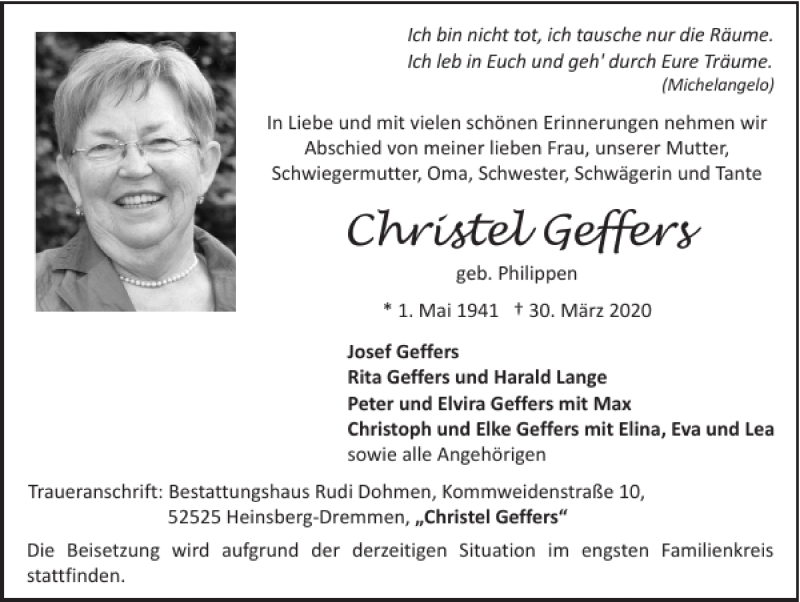 Traueranzeigen von Christel Geffers | Aachen gedenkt