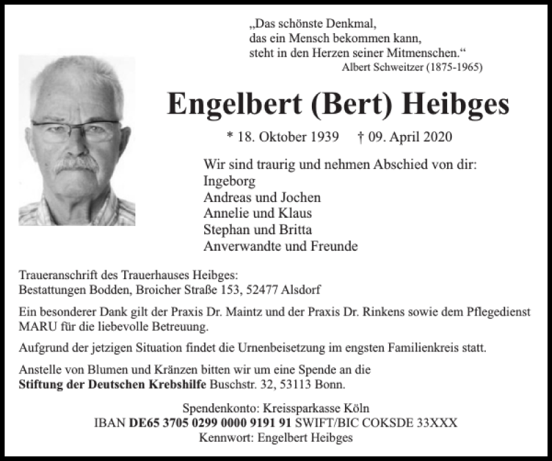 Traueranzeigen von Engelbert Bert Heibges | Aachen gedenkt