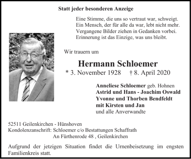  Traueranzeige für Herm rmann Schloemer vom 19.04.2020 aus Super Sonntag / Super Mittwoch