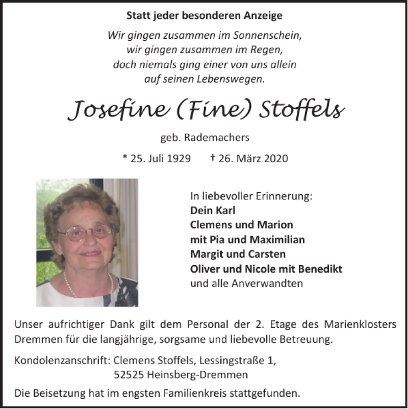 Traueranzeigen von Josefine Fine Stoffels | Aachen gedenkt