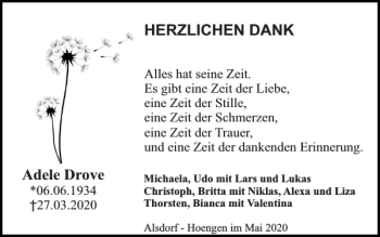 Traueranzeige von Adele Drove von Super Sonntag / Super Mittwoch