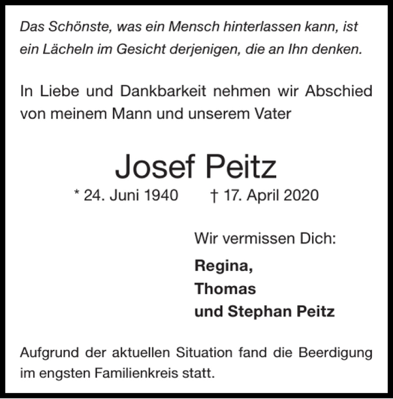 Traueranzeigen Von Josef Peitz Aachen Gedenkt