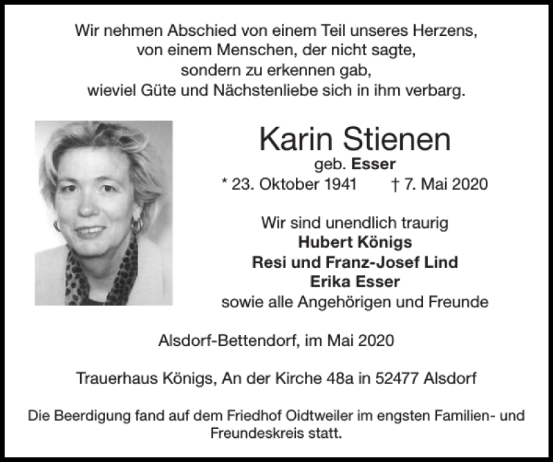 Traueranzeigen von Karin Stienen | Aachen gedenkt