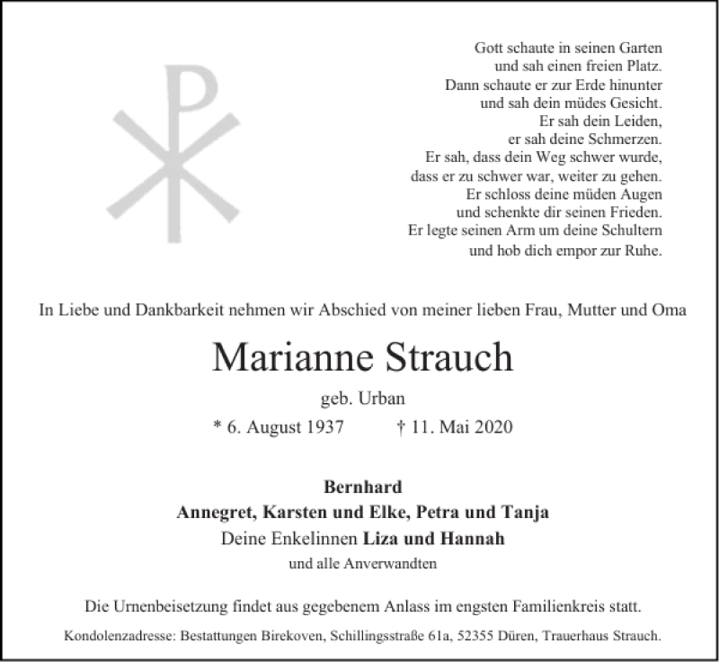 Traueranzeigen Von Marianne Strauch Aachen Gedenkt