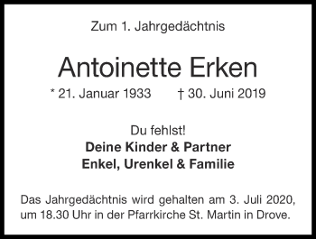 Traueranzeige von Antoinette Erken von Zeitung am Sonntag