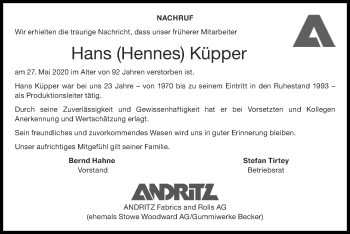 Traueranzeige von Hans Küpper von Zeitung am Sonntag