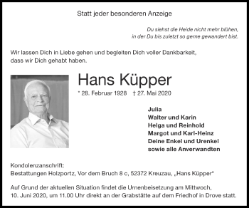 Traueranzeige von Hans Küpper von Zeitung am Sonntag