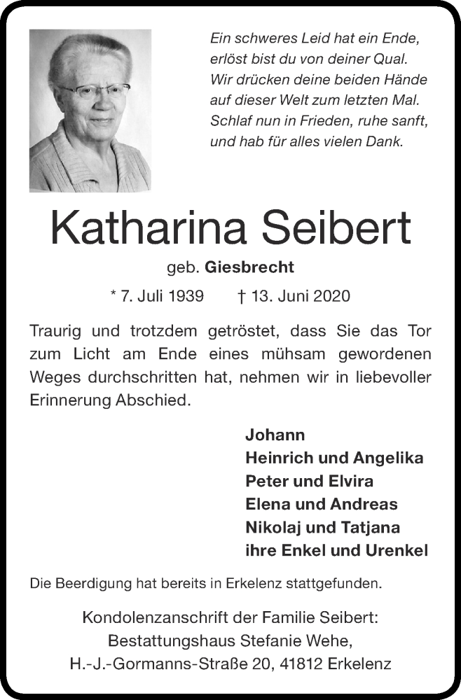 Traueranzeigen von Katharina Seibert | Aachen gedenkt