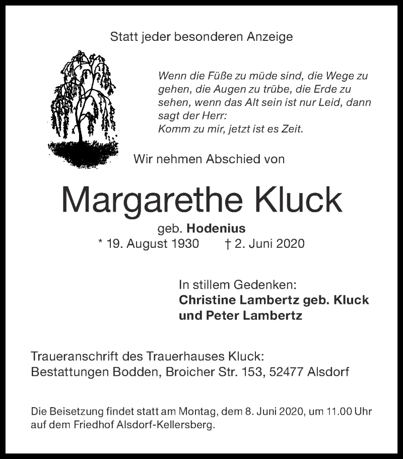  Traueranzeige für Margarethe Kluck vom 07.06.2020 aus Zeitung am Sonntag