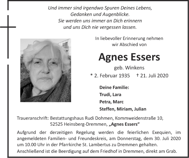 Traueranzeigen von Agnes Essers | Aachen gedenkt