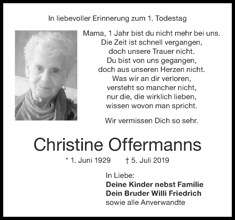 Traueranzeigen von Christine Offermanns | Aachen gedenkt