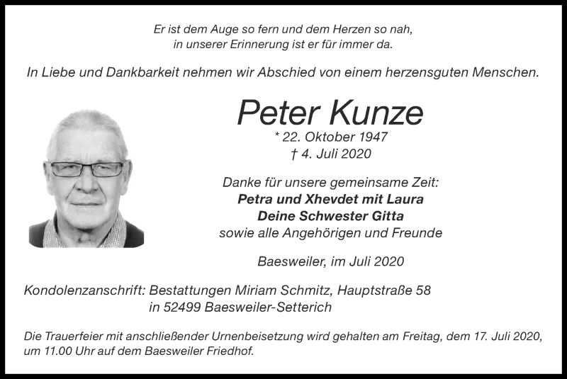 Traueranzeigen Von Peter Kunze Aachen Gedenkt