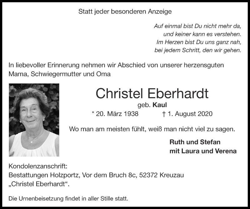 Traueranzeigen von Christel Eberhardt | Aachen gedenkt