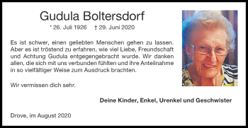 Traueranzeige von Gudula Boltersdorf von Zeitung am Sonntag