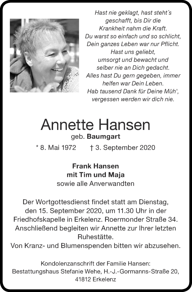  Traueranzeige für Annette Hansen vom 06.09.2020 aus Zeitung am Sonntag