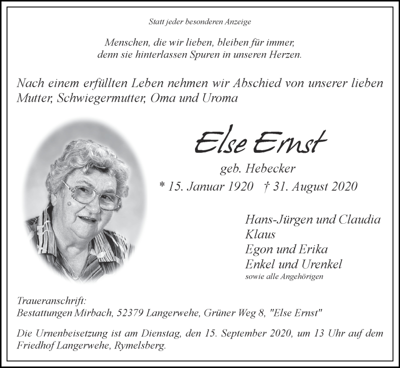 Traueranzeigen von Else Ernst | Aachen gedenkt