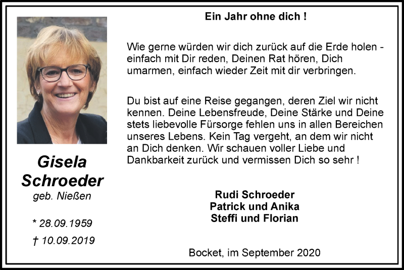 Traueranzeigen von Gisela Schroeder | Aachen gedenkt