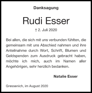 Traueranzeige von Rudi Esser von Zeitung am Sonntag