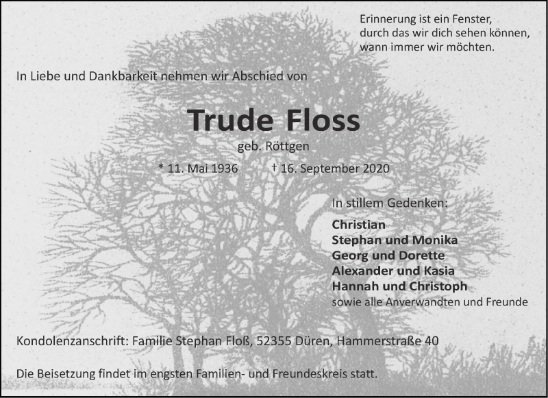 Traueranzeigen Von Trude Floss Aachen Gedenkt